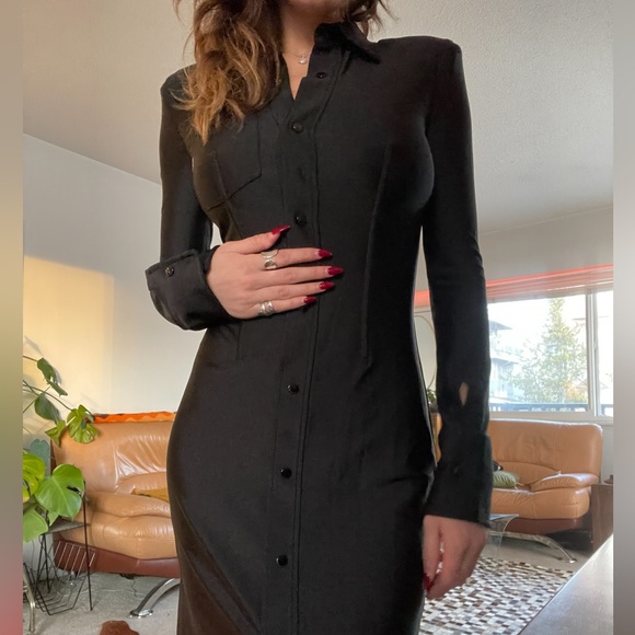 NEW ALEXANDER WANG SHINY BLACK NYLON LONG SLEEVE BUTTON UP MIDI DRESS - Picture 5 of 9